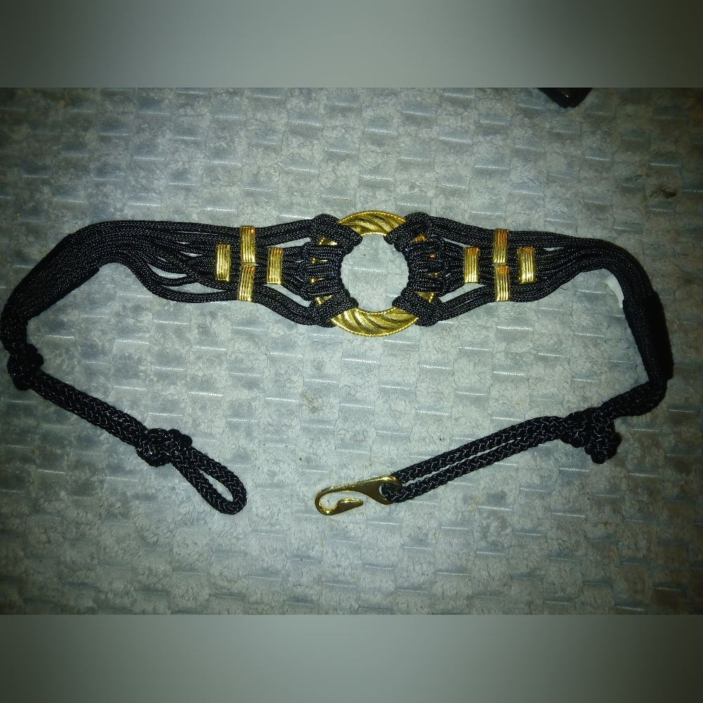 Vintage Women's Black Rope Belt With Gold Accents.